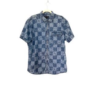 INC International Concepts Blue Acid Wash Check Short Sleeve Button Up Shirt XL